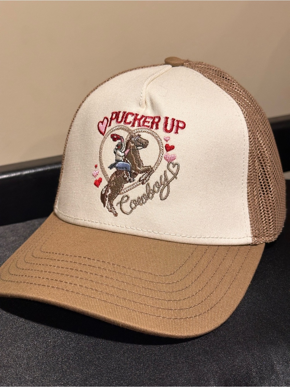 Pucker Up Cowboy Trucker Hat - Cream & Brown